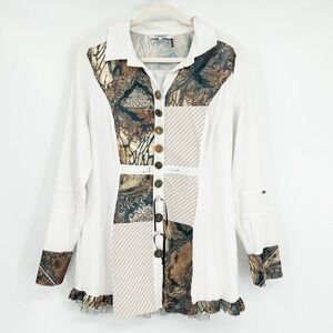 Vitrin Design Womens Artsy Boho Patchwork Embellished Button Front Blouse Size L